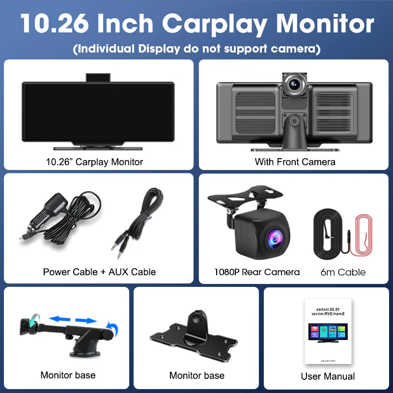 10.26" 4K Dash Cam Mirror with Wireless CarPlay & Android Auto, GPS, Rear Camera, 1600x600 IPS Touchscreen, Voice Control, Parking Monitor