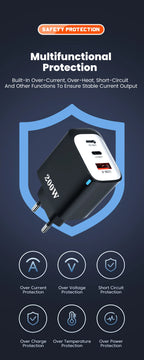 200W USB Type C Charger Quick Charge Portable Fast Charger 1U+2C Multi Port Charging Head