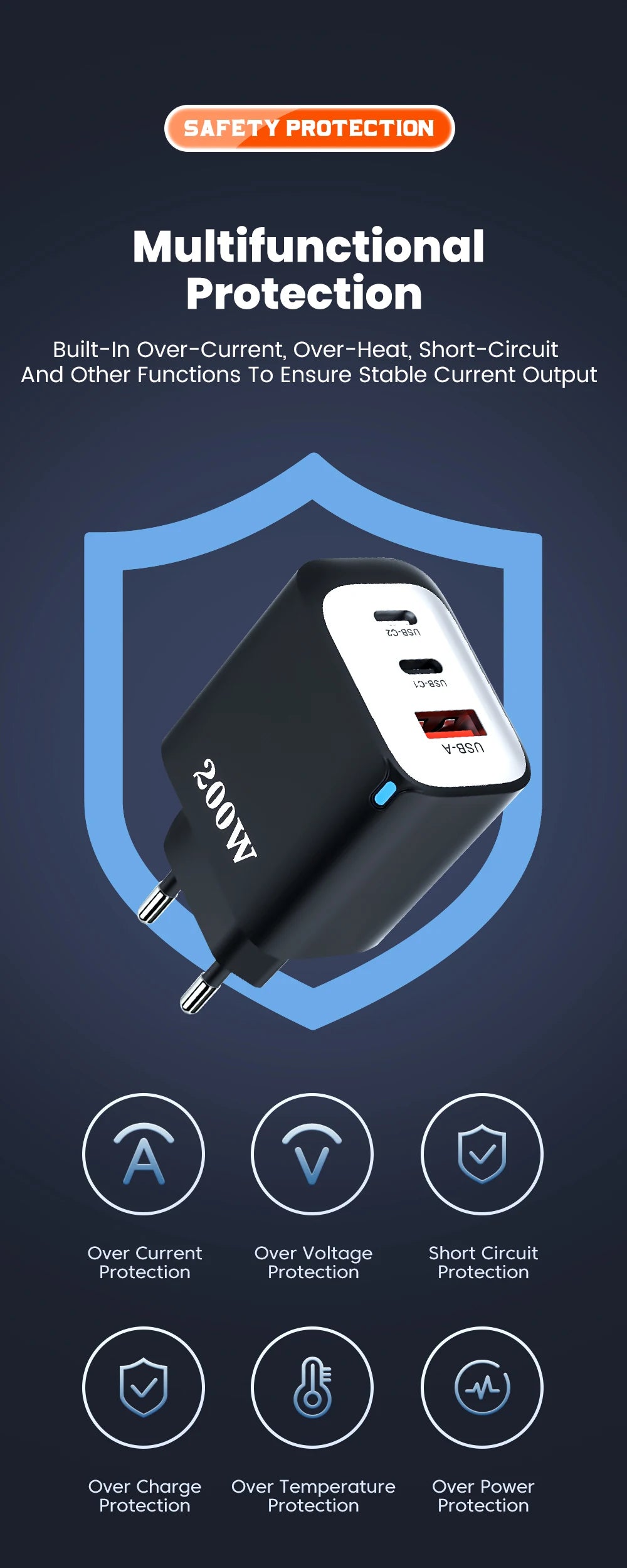 200W USB Type C Charger Quick Charge Portable Fast Charger 1U+2C Multi Port Charging Head