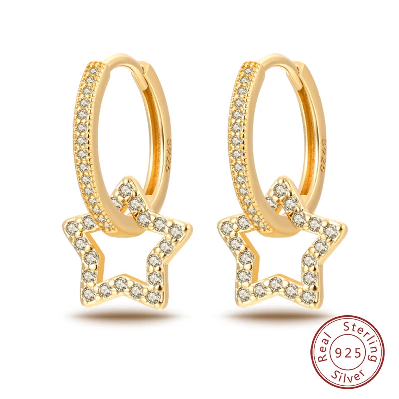 🌙⭐🐝 925 Sterling Silver Star Moon Bee Pendant Earrings ✨ | Gold-Tone Sparkling Zircon Luxury Earrings for Women 💎 | Wedding & Engagement Jewelry Gift 👰