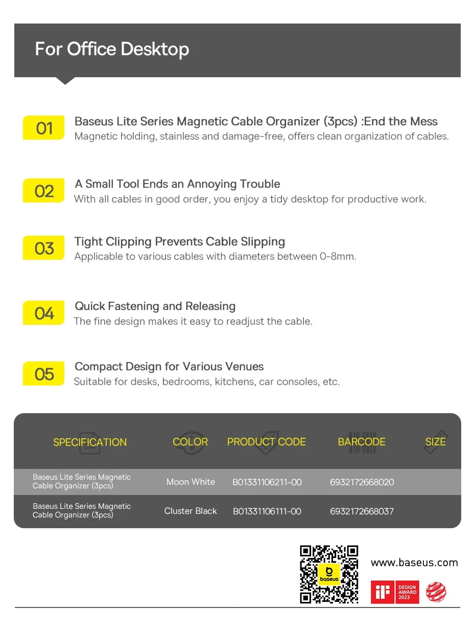 🧲🔌 Baseus Magnetic Cable Organizer Holder – Adjustable Under Desk Clip
