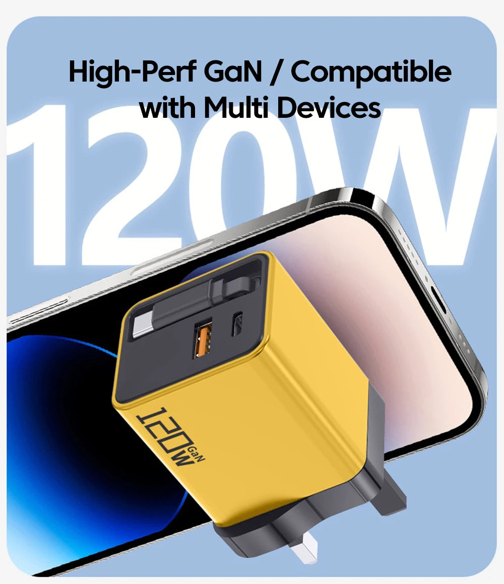 🔌 3-in-1 USB-C 120W Fast Charging Wall Adapter with Retractable Cable ⚡ | Dual Device Smart Charger for iPhone, Samsung & Google Pixel | Compact, Stylish & Travel-Ready
