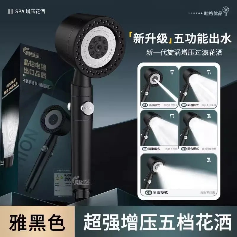 🚿💧 High Pressure Water-Saving Filter Shower Head – 5 Spray Modes Handheld Shower with One-Button Stop | Bathroom Accessories Set