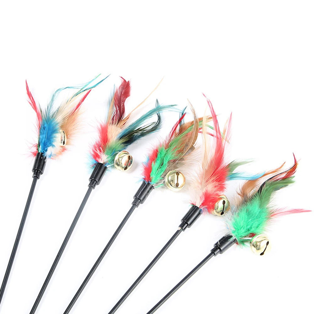 🐱🎣 Cat Interactive Feather Wand Toy Set (5PCS) – Colorful Chicken Feather Teaser with Bell | Portable Cat Stick Toys