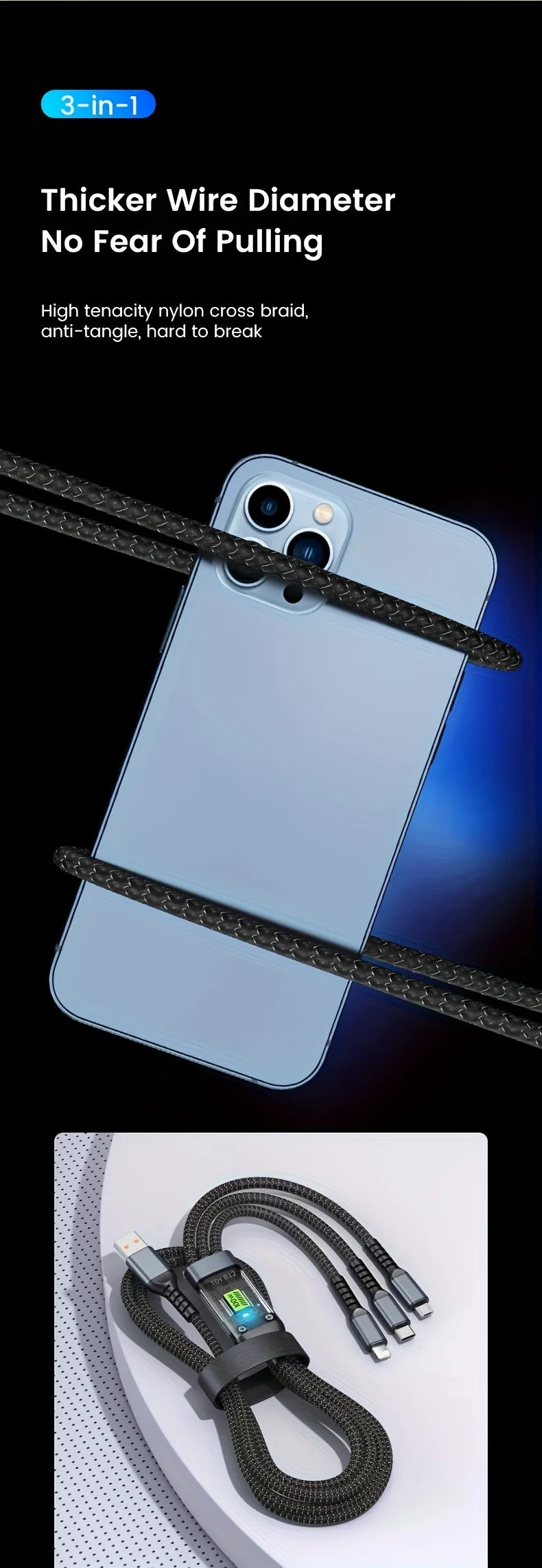 100W 3-in-1 MFi Transparent Fast Charging Cable with LED Pilot Lamp