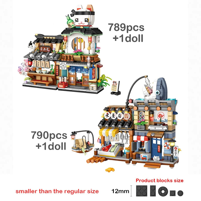 🍋🍜 Creative Mini Building Blocks – Snack Bar, Sea Fish Food House & Lemon Tea Shop DIY Puzzle Toy for Kids & Girls