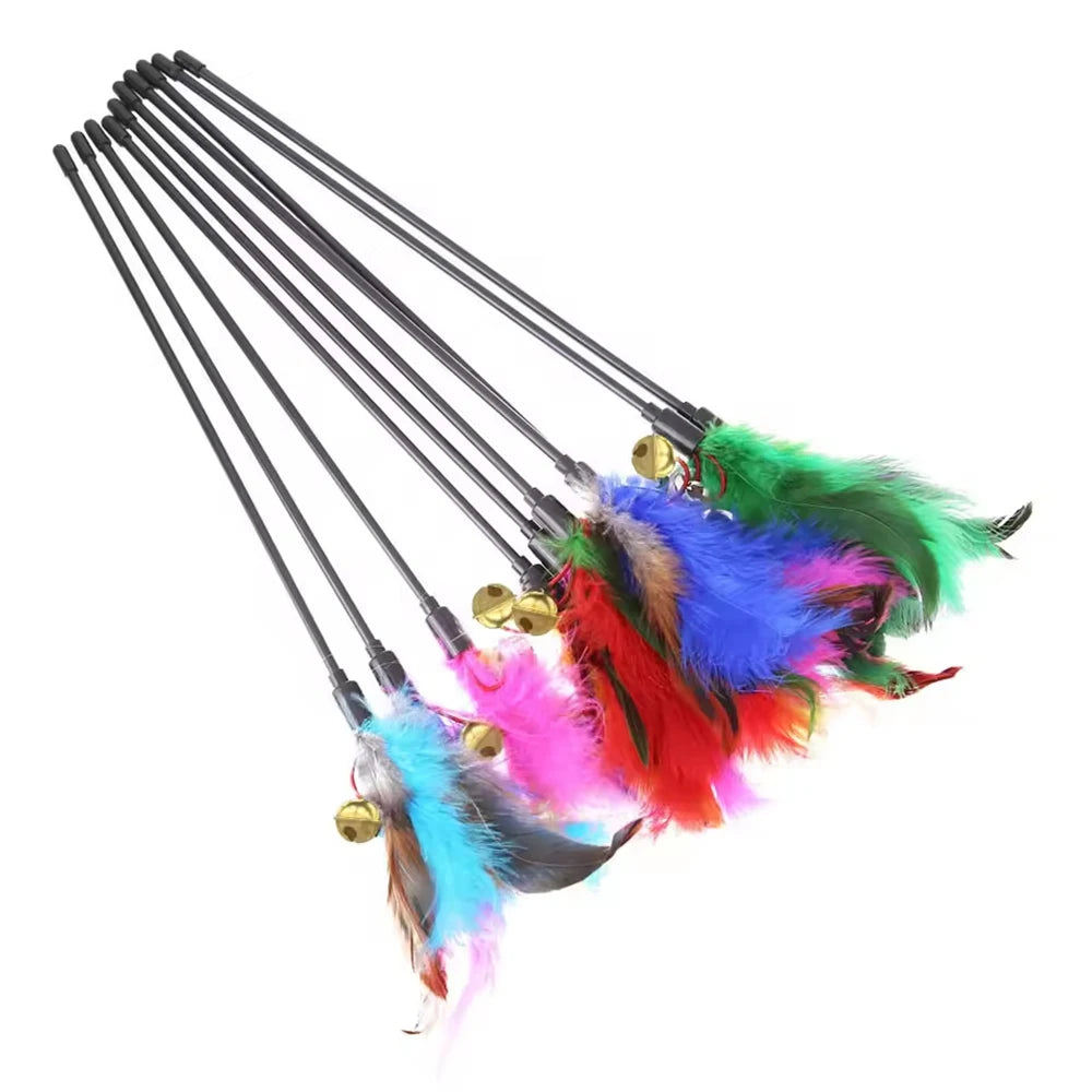 🐱🎣 Cat Interactive Feather Wand Toy Set (5PCS) – Colorful Chicken Feather Teaser with Bell | Portable Cat Stick Toys