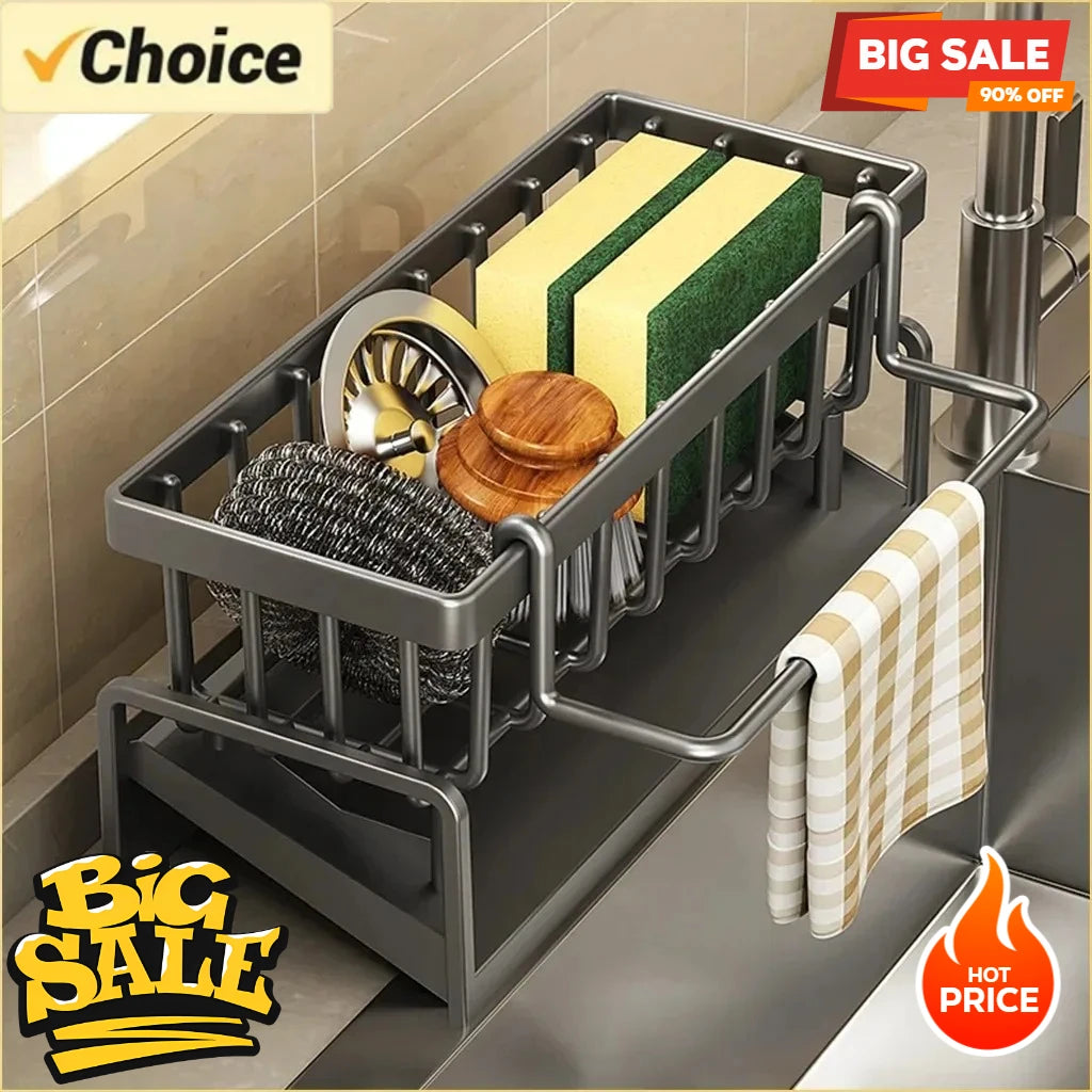 🍽️✨ Multifunctional Kitchen Sink Storage Shelf | No-Punch Adhesive Drain Rack with Hooks 🧽 | Plastic Spice & Rag Organizer for Sink Tap