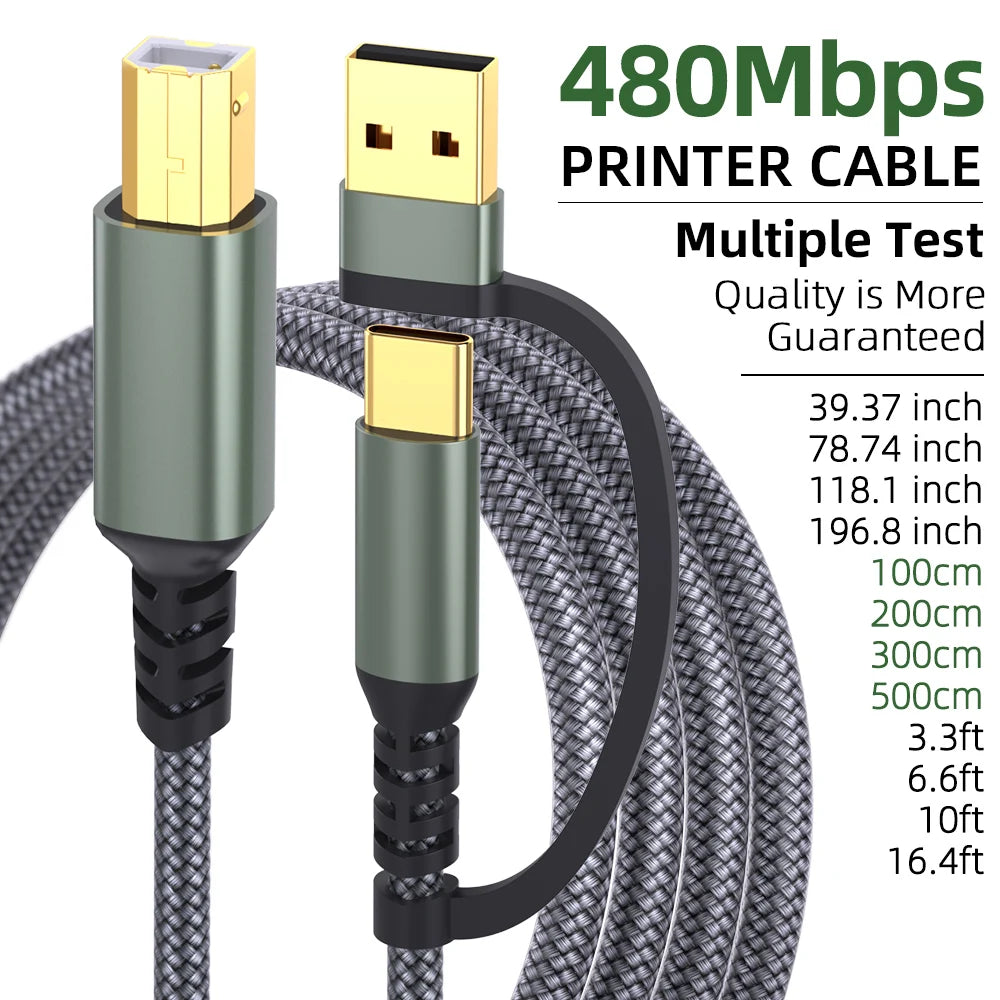 🔥 USB A & USB‑C to USB‑B 2.0 Printer Cable | Nylon Braided High‑Speed Cord for Yamaha/Casio Digital Piano, DJ Controllers, Printers & More