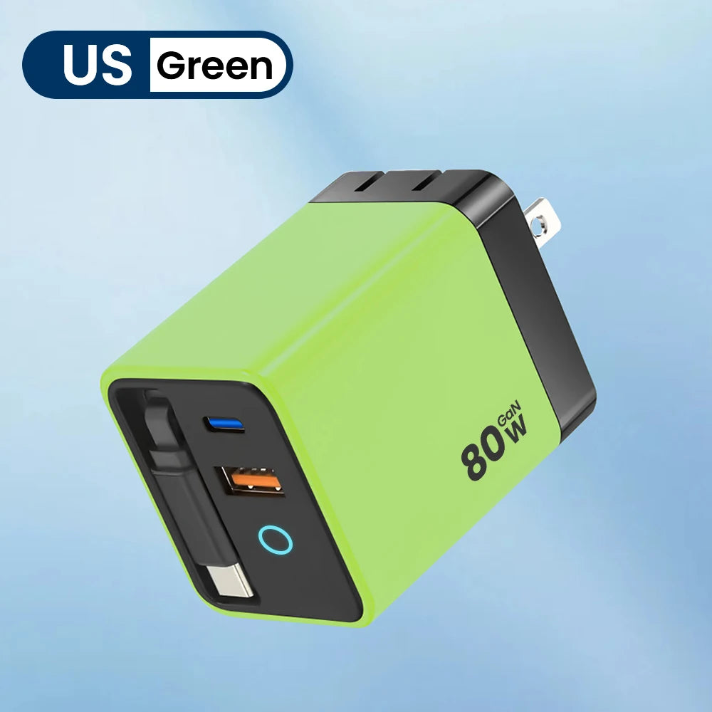 ⚡ 80W USB-C PD Fast Charger with Retractable Cable 🔄 | 100–240V Travel Wall Adapter for iPhone 16, MacBook, Samsung & Pixel 💻📱