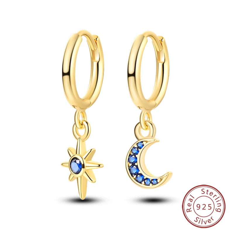 🌙⭐🐝 925 Sterling Silver Star Moon Bee Pendant Earrings ✨ | Gold-Tone Sparkling Zircon Luxury Earrings for Women 💎 | Wedding & Engagement Jewelry Gift 👰