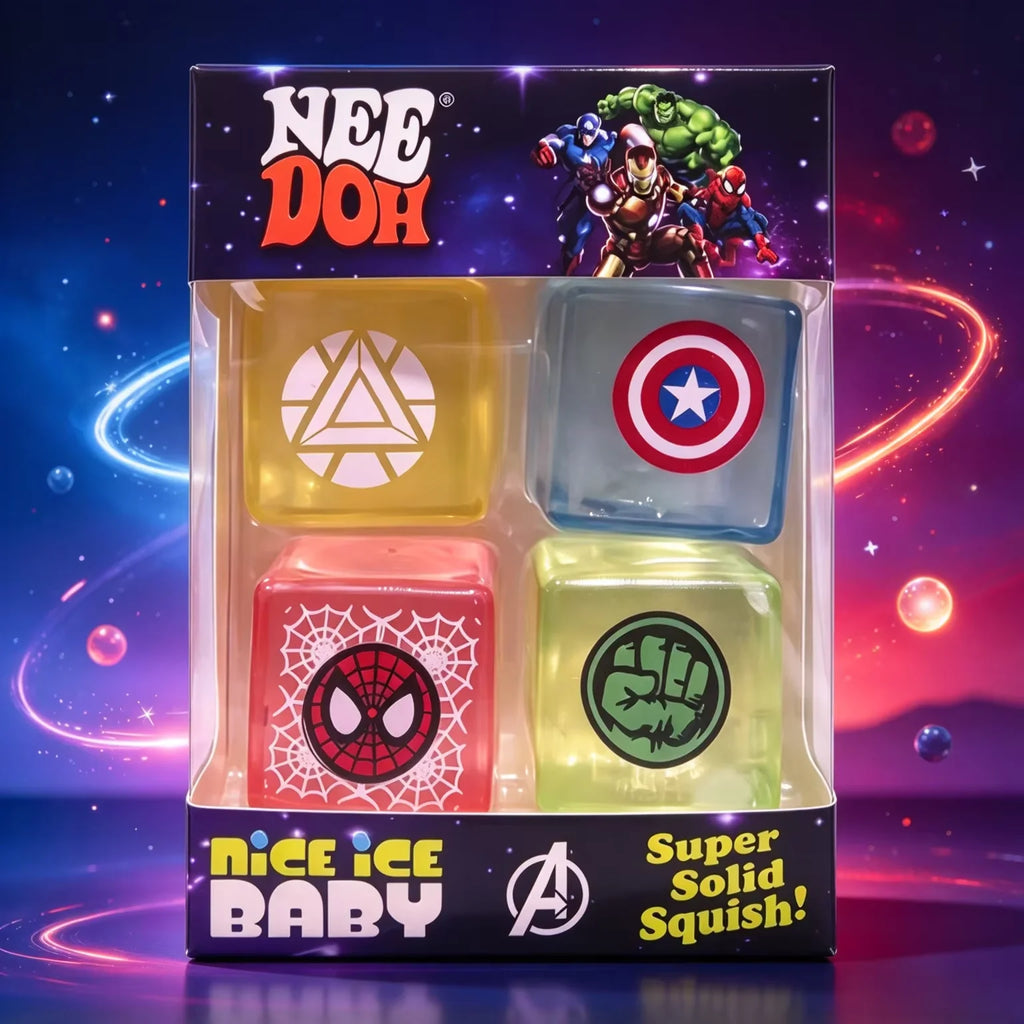 Four superhero-themed squishy cubes with Iron Man, Captain America, Spider-Man, and Hulk symbols