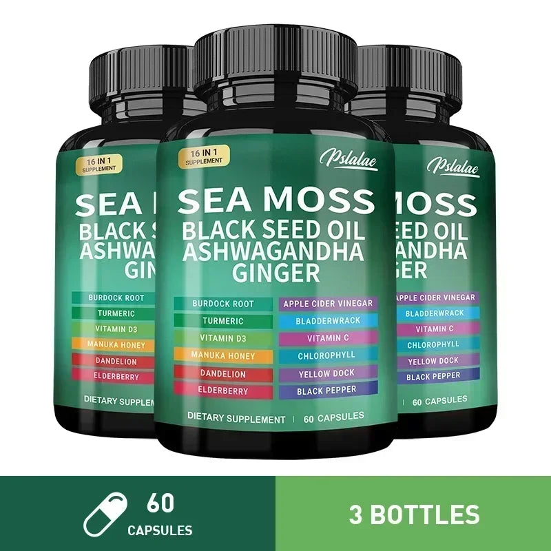 🌿 Sea Moss Supplement Capsules – Gut Health, Immunity Boost, Detox, Anti‑Aging, Antioxidant Support | Ashwagandha, Black Seed Oil, Ginger