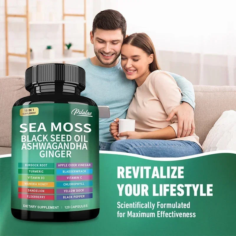 🌿 Sea Moss Supplement Capsules – Gut Health, Immunity Boost, Detox, Anti‑Aging, Antioxidant Support | Ashwagandha, Black Seed Oil, Ginger