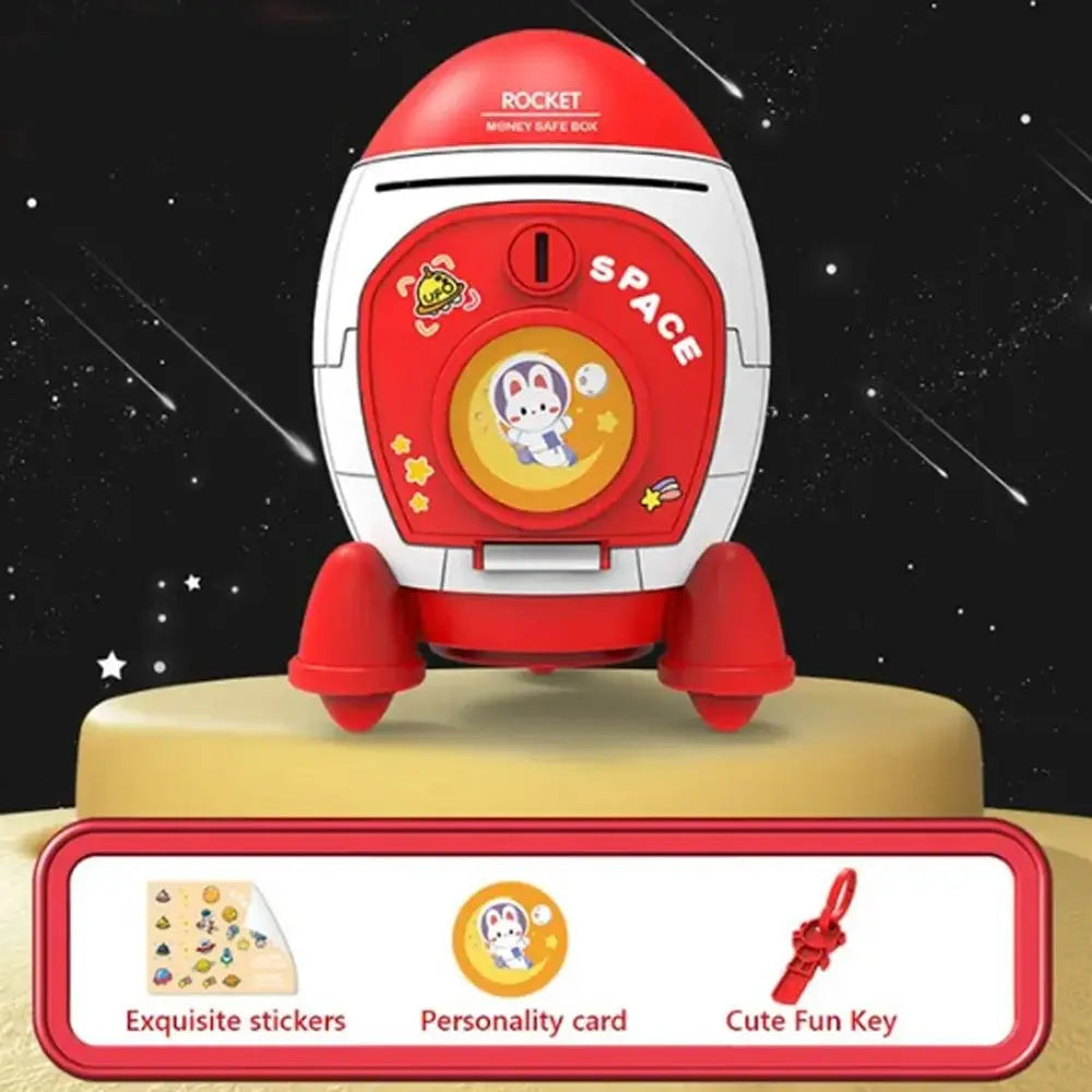 🚀🐷 Cute Children Piggy Bank Space Rocket Money Box ✨ | Cartoon Sticker Plastic Cash Box 💰 | Multi-Purpose Kids Gift Toy