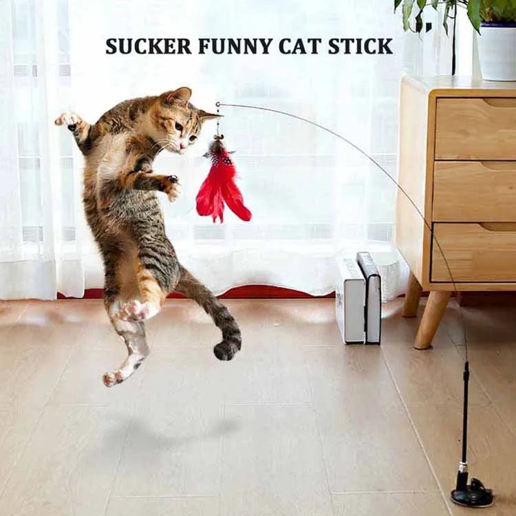 🐱🎀 Funny Fluffy Feather Cat Teaser Wand with Bell & Suction Cup