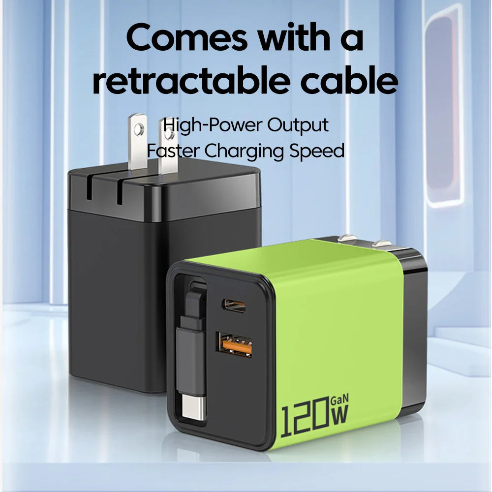 🔌 3-in-1 USB-C 120W Fast Charging Wall Adapter with Retractable Cable ⚡ | Dual Device Smart Charger for iPhone, Samsung & Google Pixel | Compact, Stylish & Travel-Ready