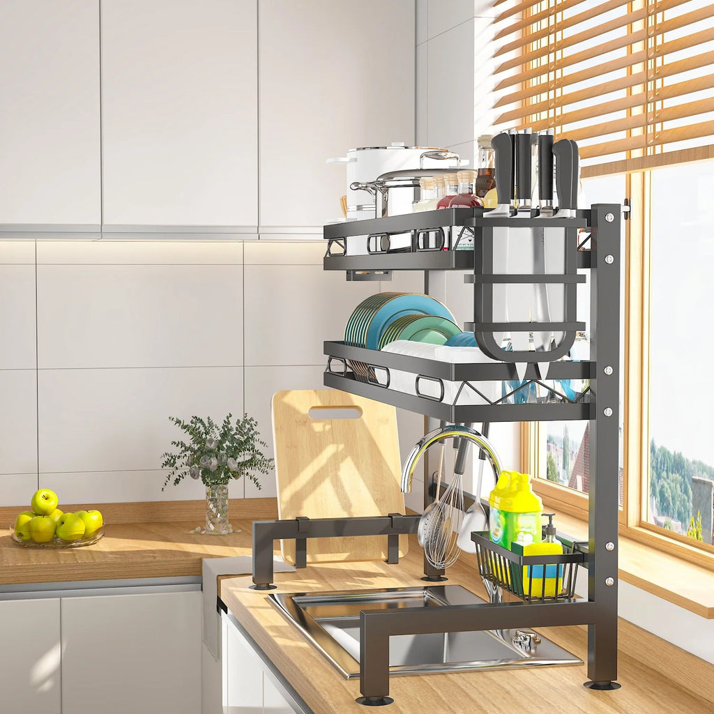 🍽️✨ Over-the-Sink Dish Drying Rack | Kitchen Storage Organizer with Utensil Holder, Sponge Holder & Hooks 🧽 | Space-Saving Sink Rack