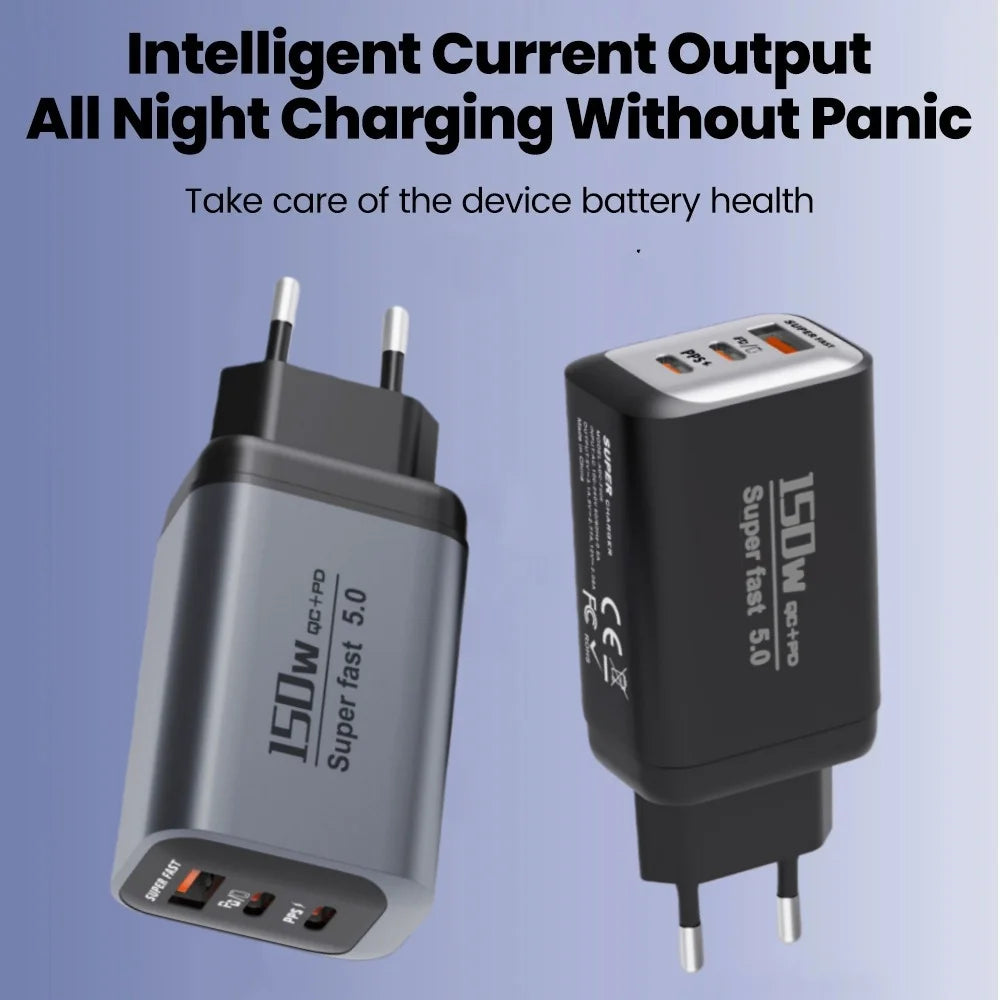 ⚡ 150W USB-C Fast Charger PD + QC3.0 | Super Fast 5.0 Travel Wall Adapter for iPhone 17, Samsung & Google Pixel 🔥