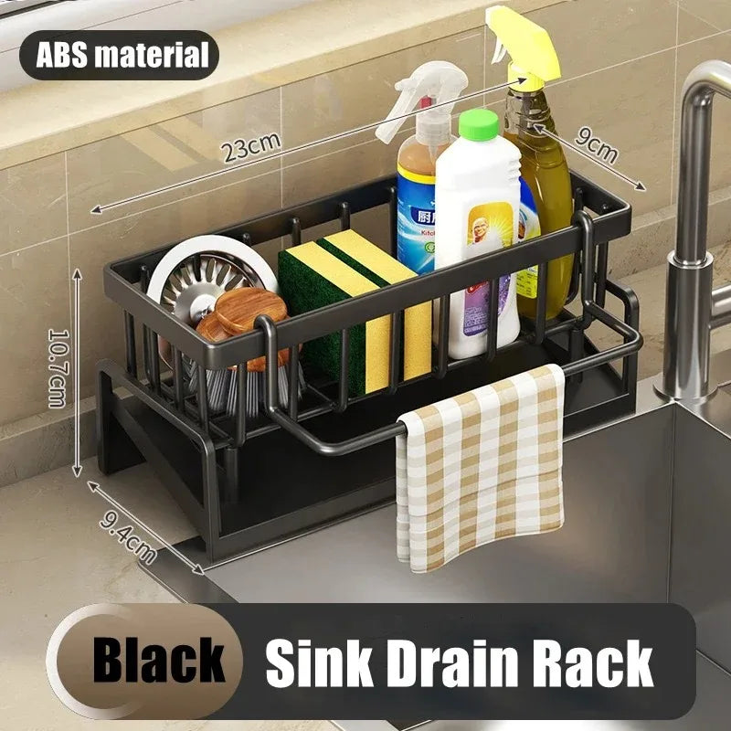 🍽️✨ Multifunctional Kitchen Sink Storage Shelf | No-Punch Adhesive Drain Rack with Hooks 🧽 | Plastic Spice & Rag Organizer for Sink Tap