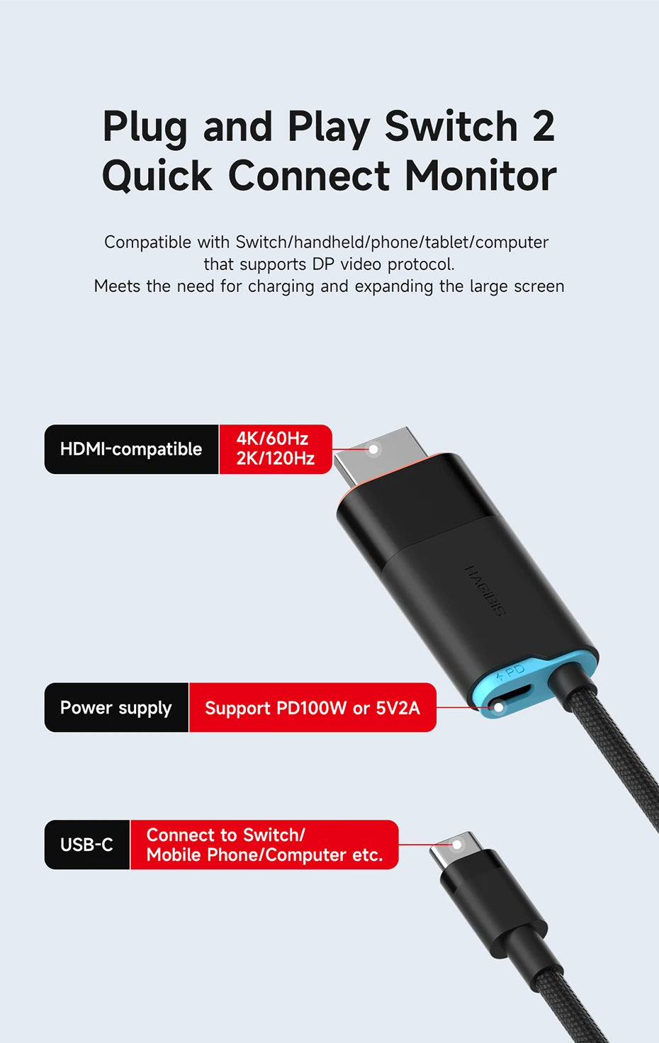 🎮🔗 Hagibis Switch 2 Dock – 4K@60Hz USB-C to HDMI with 100W PD