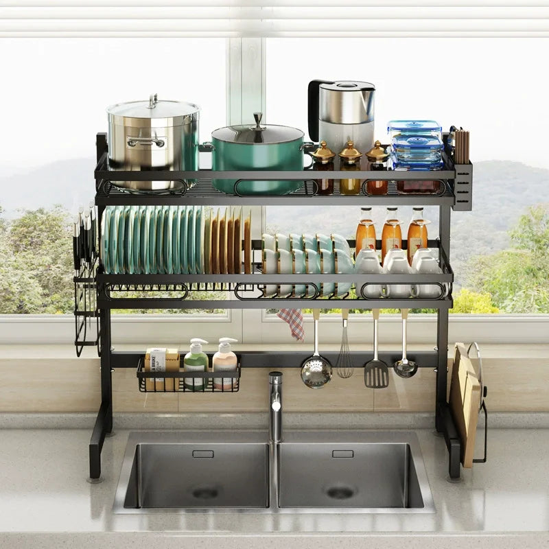 🍽️✨ Over-the-Sink Dish Drying Rack | Kitchen Storage Organizer with Utensil Holder, Sponge Holder & Hooks 🧽 | Space-Saving Sink Rack