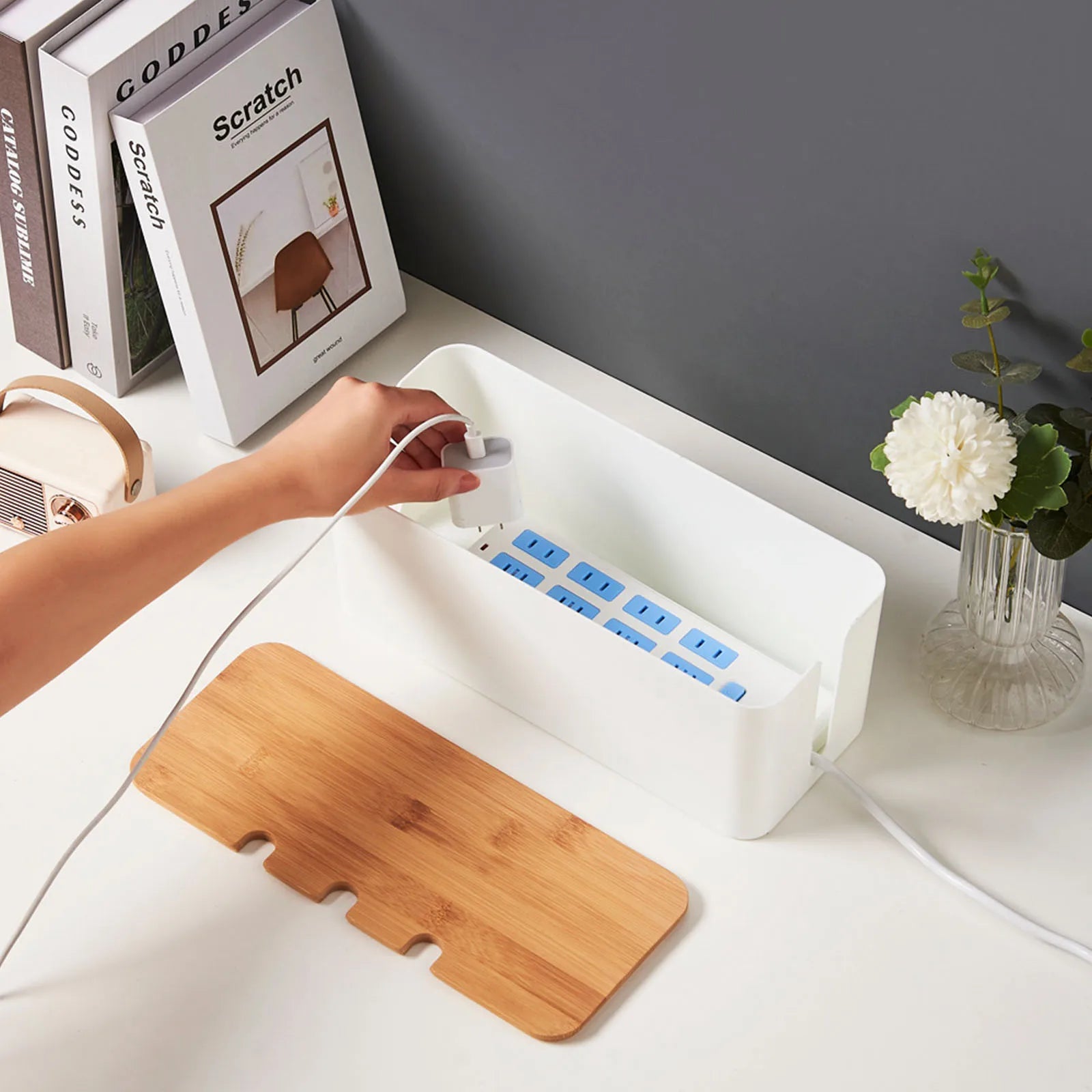 🌿📦 Large Wooden Style Cable Management Box – Power Strip & Wire Cover