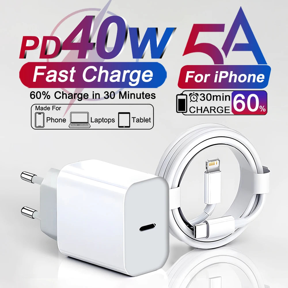 ⚡📱 40W USB-C Fast Charger for iPhone – PD Quick Charge Adapter + Cable