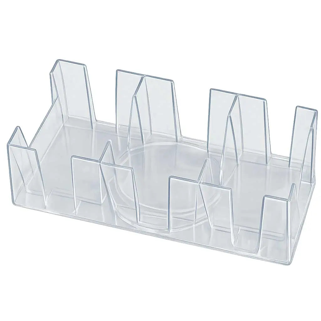 Clear plastic desk organizer on a white background