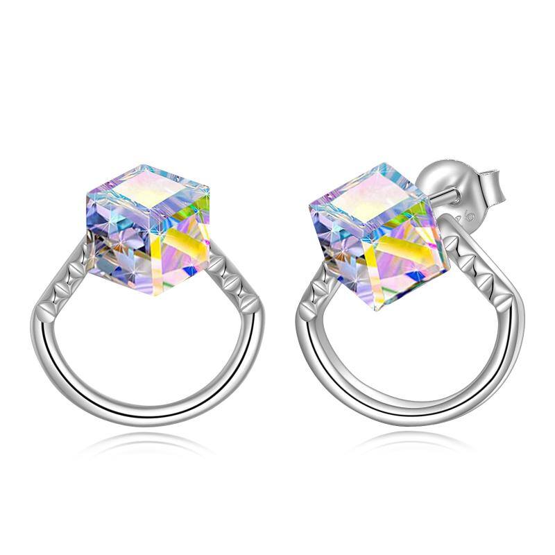 Sterling Silver Cube Aurora Borealis Crystal Stud Earrings Hypoallergenic Jewelry