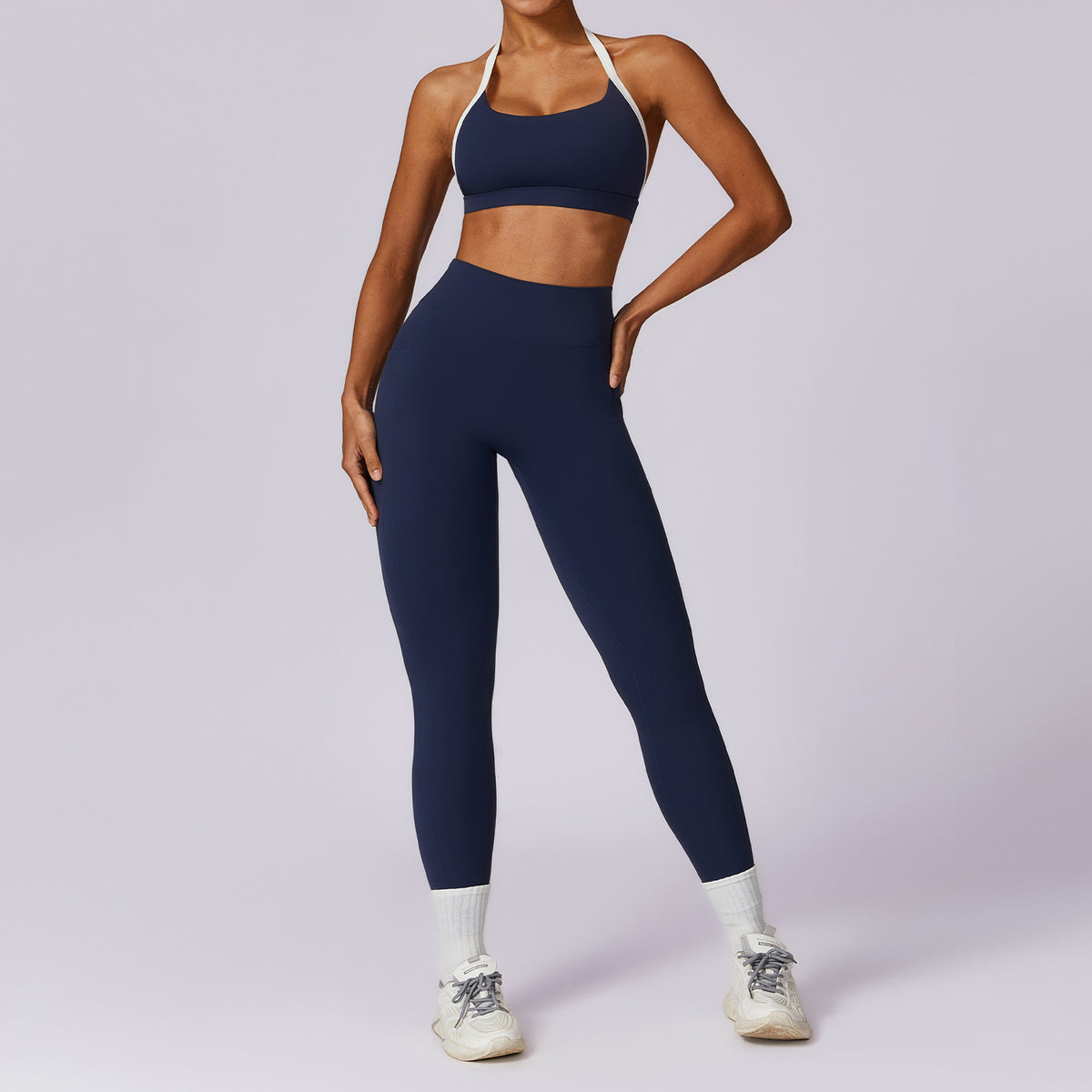 Spring All-matching Casual Contrast Color Beauty Back Yoga Clothes Suit for Women Long Sleeve Gold Ammonia Cloud Fabric Tight Fit Breathable Sports Set