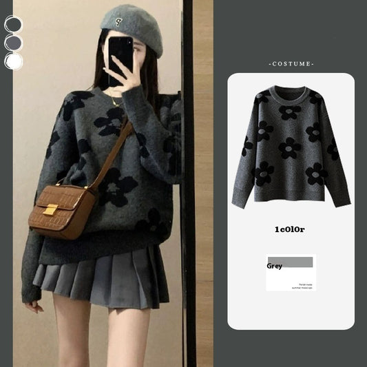 Idle Style Soft Glutinous Suit Flower Long Sleeve Sweater