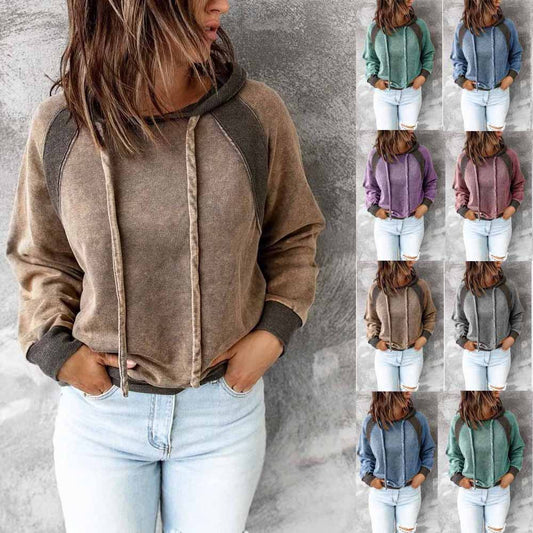 Casual Patchwork Top Hooded Long Sleeve Sweater