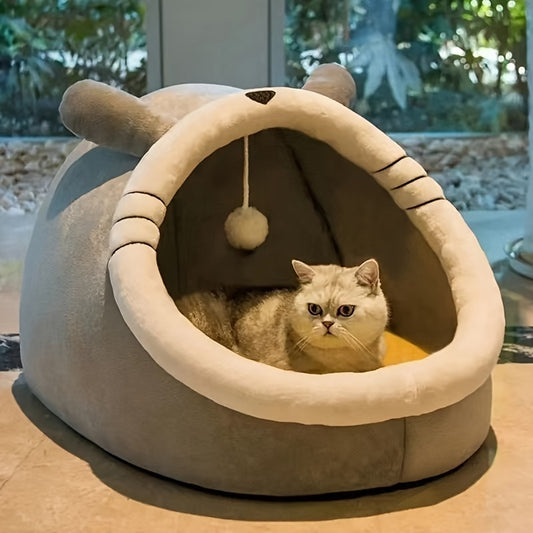 Cozy Cartoon Cat Cave Bed - Foldable & Portable Sponge Pet House for Indoor Cats, Cabin Style