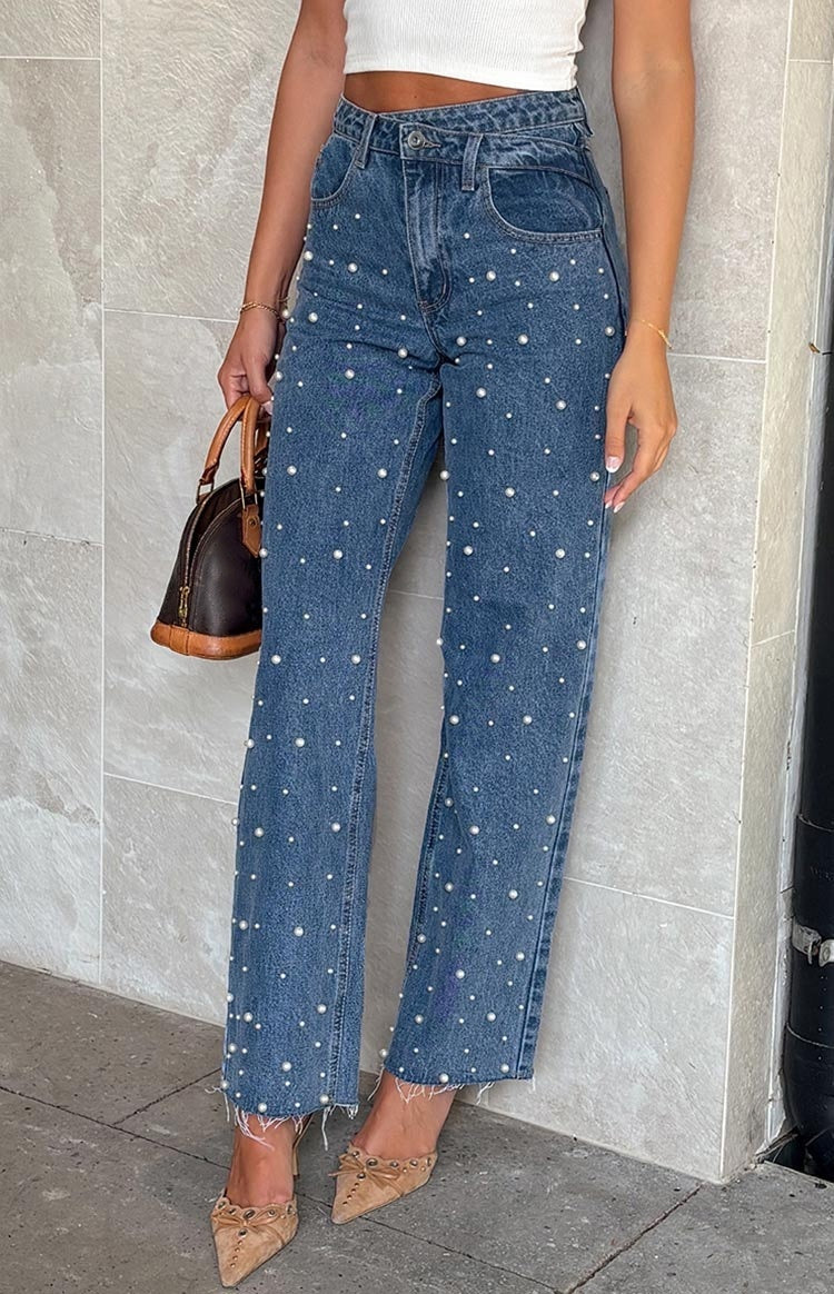 Distressed Straight-Leg Jeans with Beaded Detail