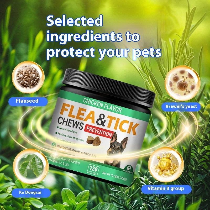 🐶 Natural Flea & Tick Chews for Dogs – Pet Itching Relief & Skin Health Support (120 Chews | Chicken Flavor)
