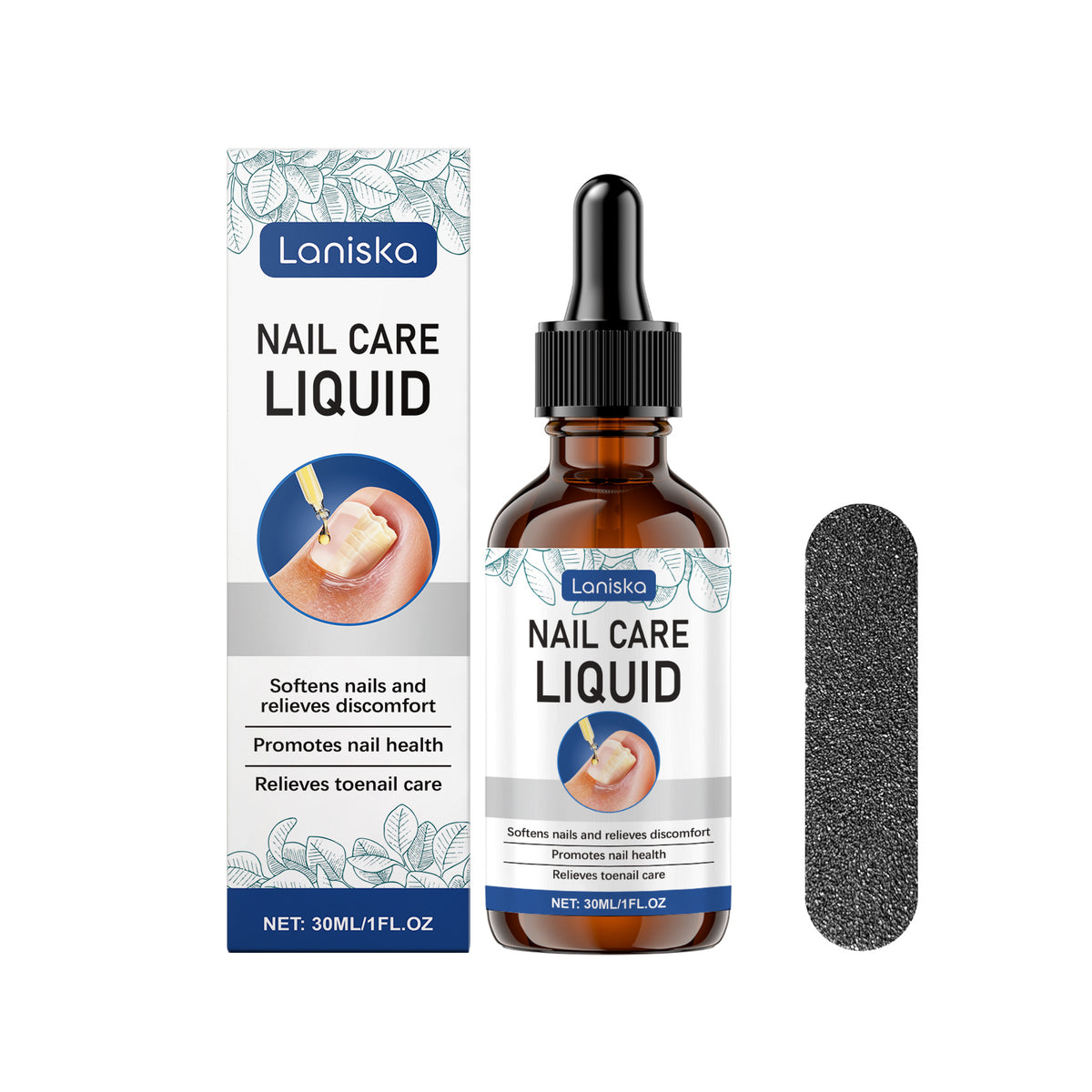 Laniska nail care liquid with packaging, dropper bottle, and nail file on a white background