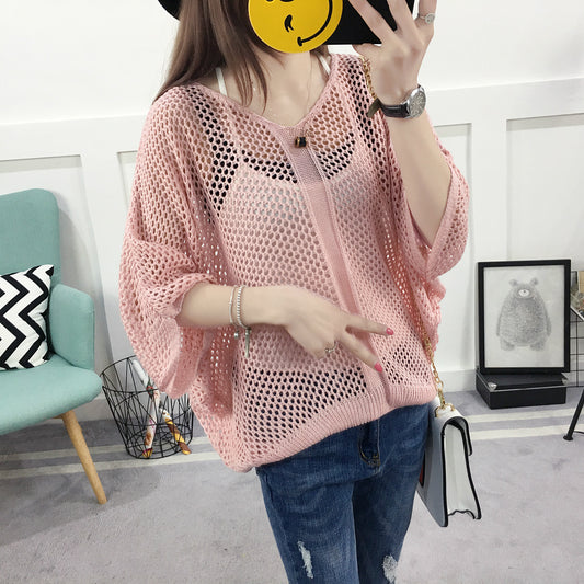 Spring And Summer Loose V-neck Hollow Sweater