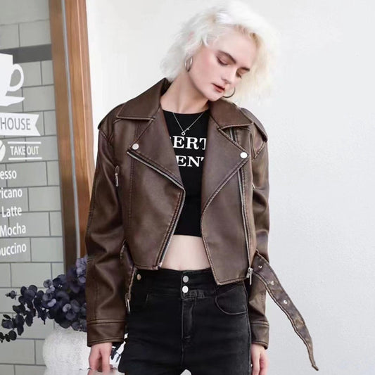 Hong Kong Style Retro Short PU Leather Motorcycle Jacket for Women