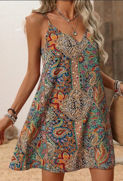 Bohemian V-Neck Spaghetti Strap Backless A-Line Dress