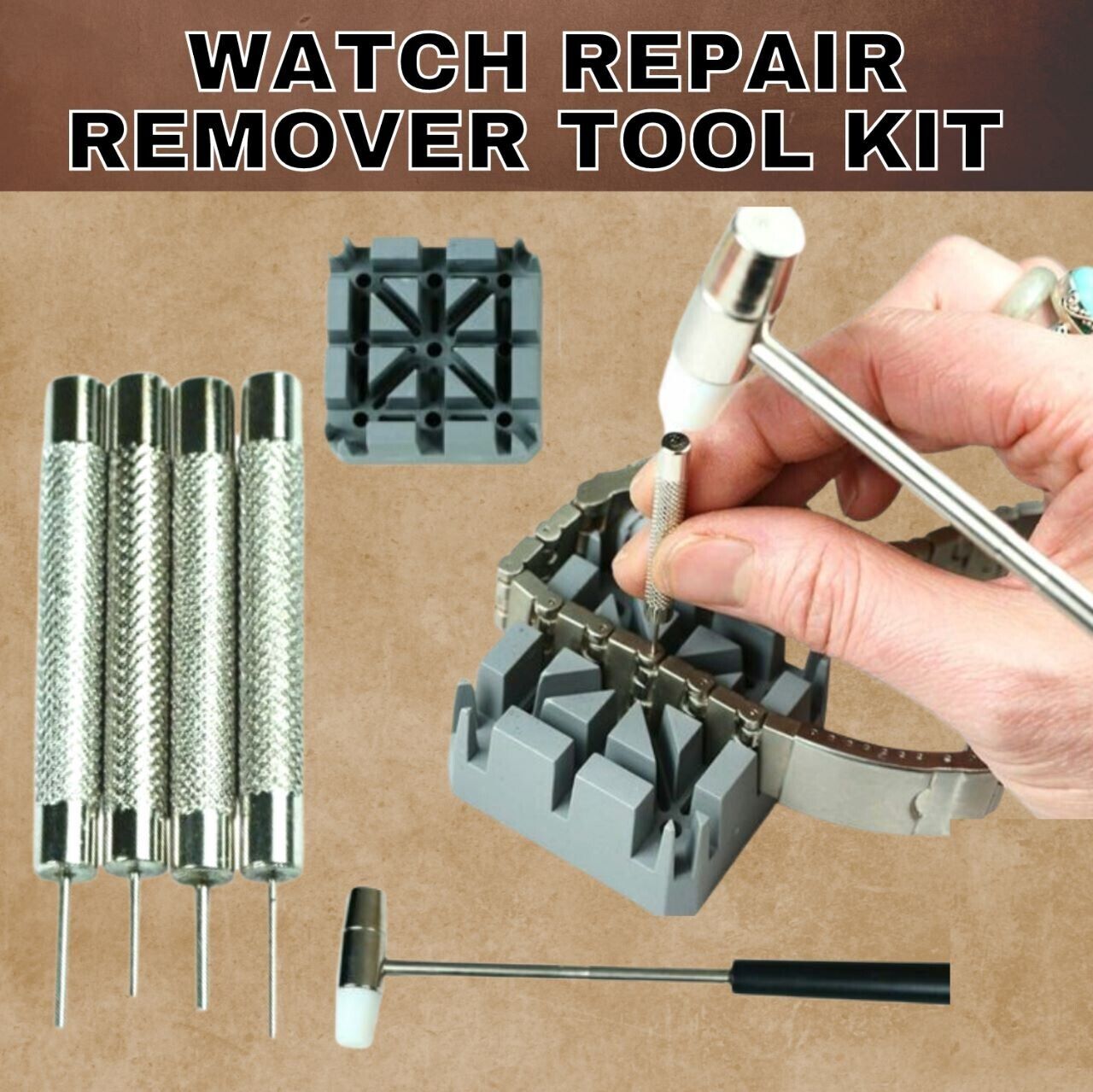 Watch Repair Band Link Remover Tool Kit - Hammer Punch Pins Watch Strap Holder