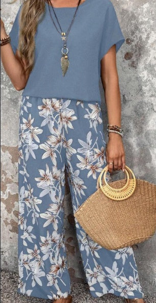 Women's Round Neck Top & Flower Print Wide Leg Pants Set