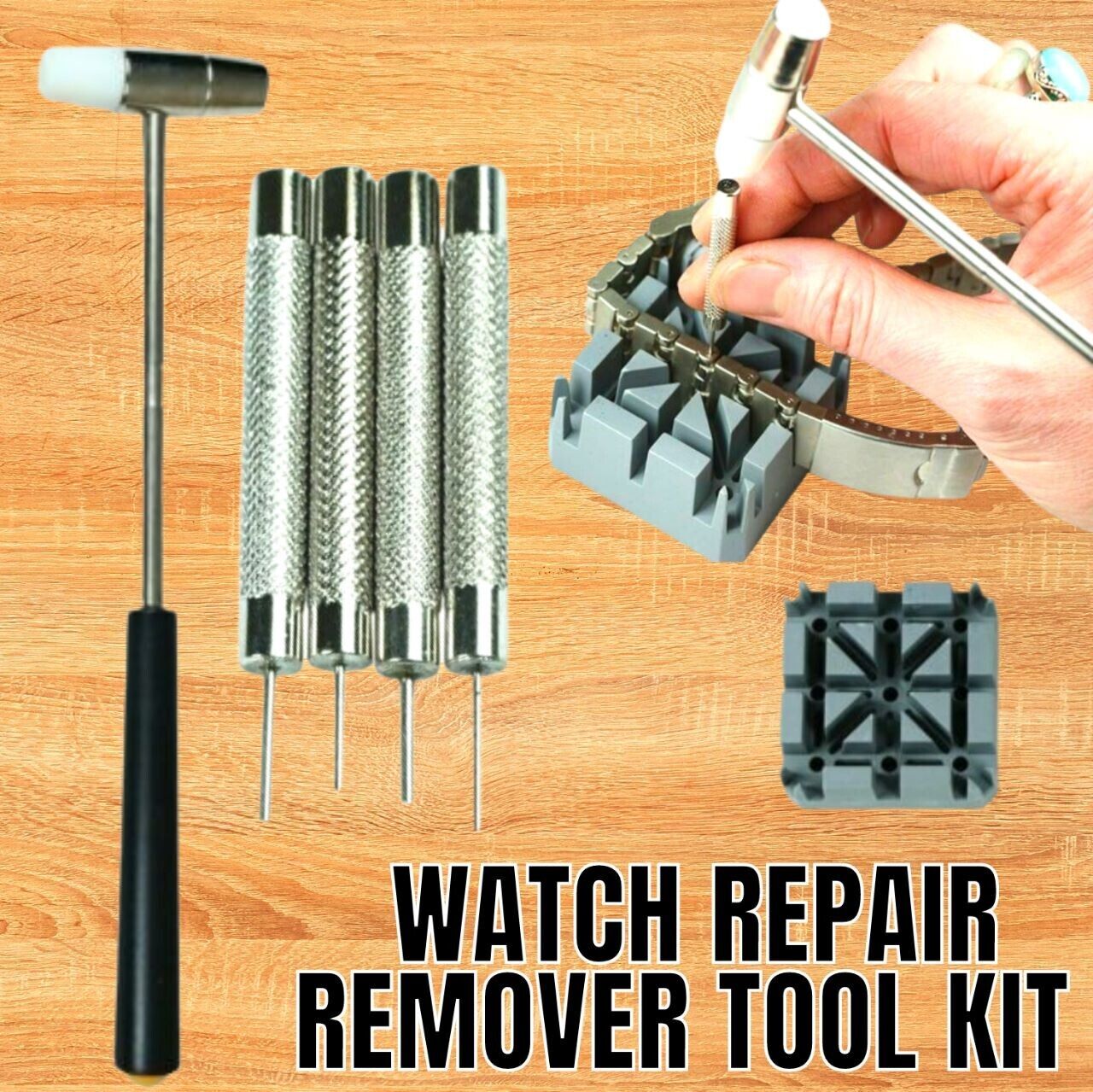 Watch Repair Band Link Remover Tool Kit - Hammer Punch Pins Watch Strap Holder