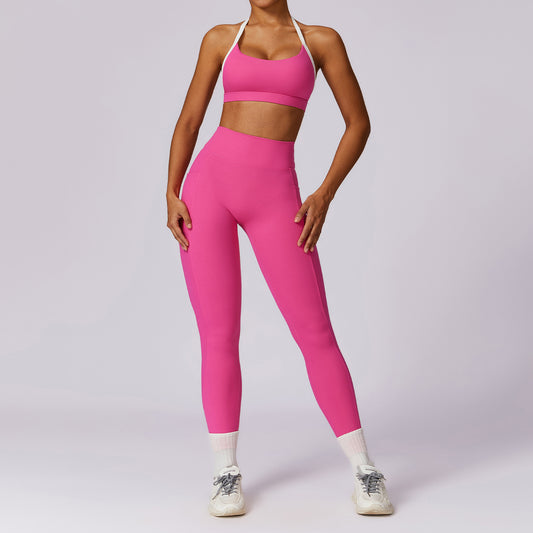 Spring All-matching Casual Contrast Color Beauty Back Yoga Clothes Suit for Women Long Sleeve Gold Ammonia Cloud Fabric Tight Fit Breathable Sports Set