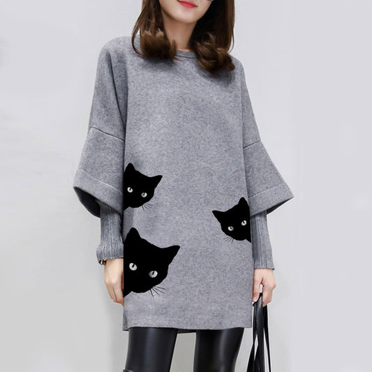 Women's Gray Round-collar Long-sleeved Sweater