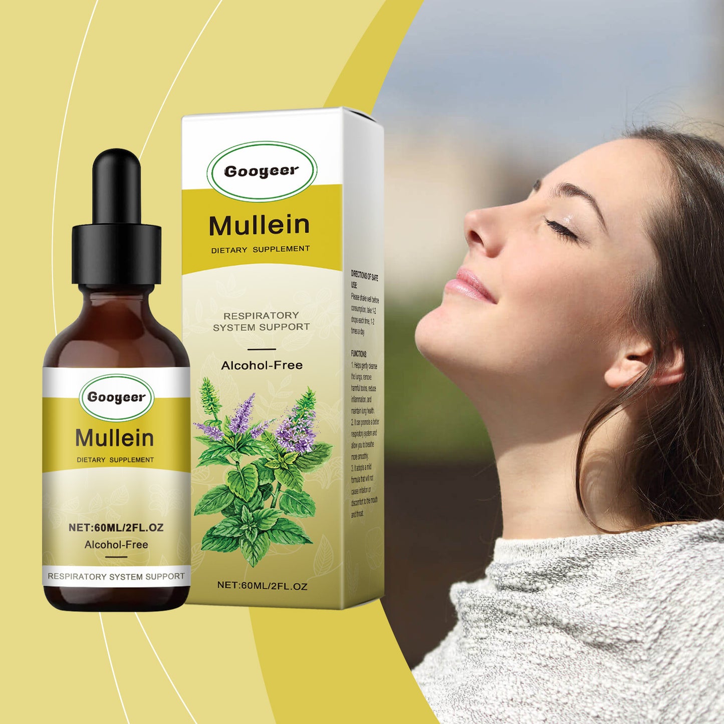 Googer Mullein dietary supplement bottle and box with a blurred outdoor background