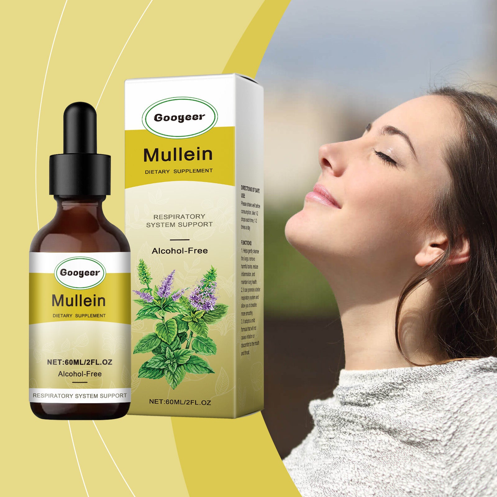 Googer Mullein dietary supplement bottle and box with a blurred outdoor background