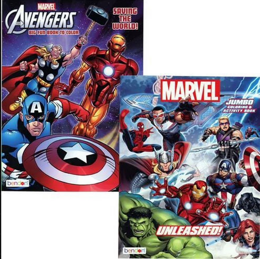 Two Marvel Avengers coloring books with characters on the covers.