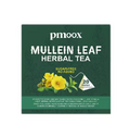 Box of pmoox Mullein Leaf Herbal Tea with green background and yellow flowers.