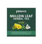 Box of pmoox Mullein Leaf Herbal Tea with green background and yellow flowers.